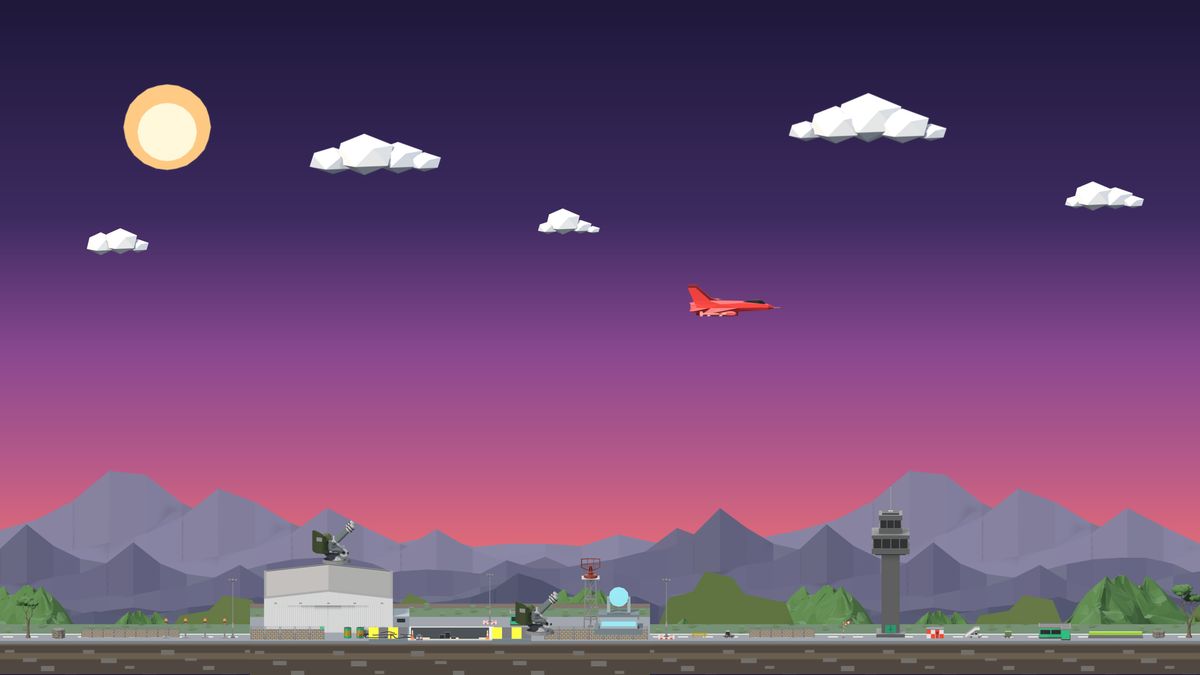 Dusk airfield arena with a control tower and hangar
